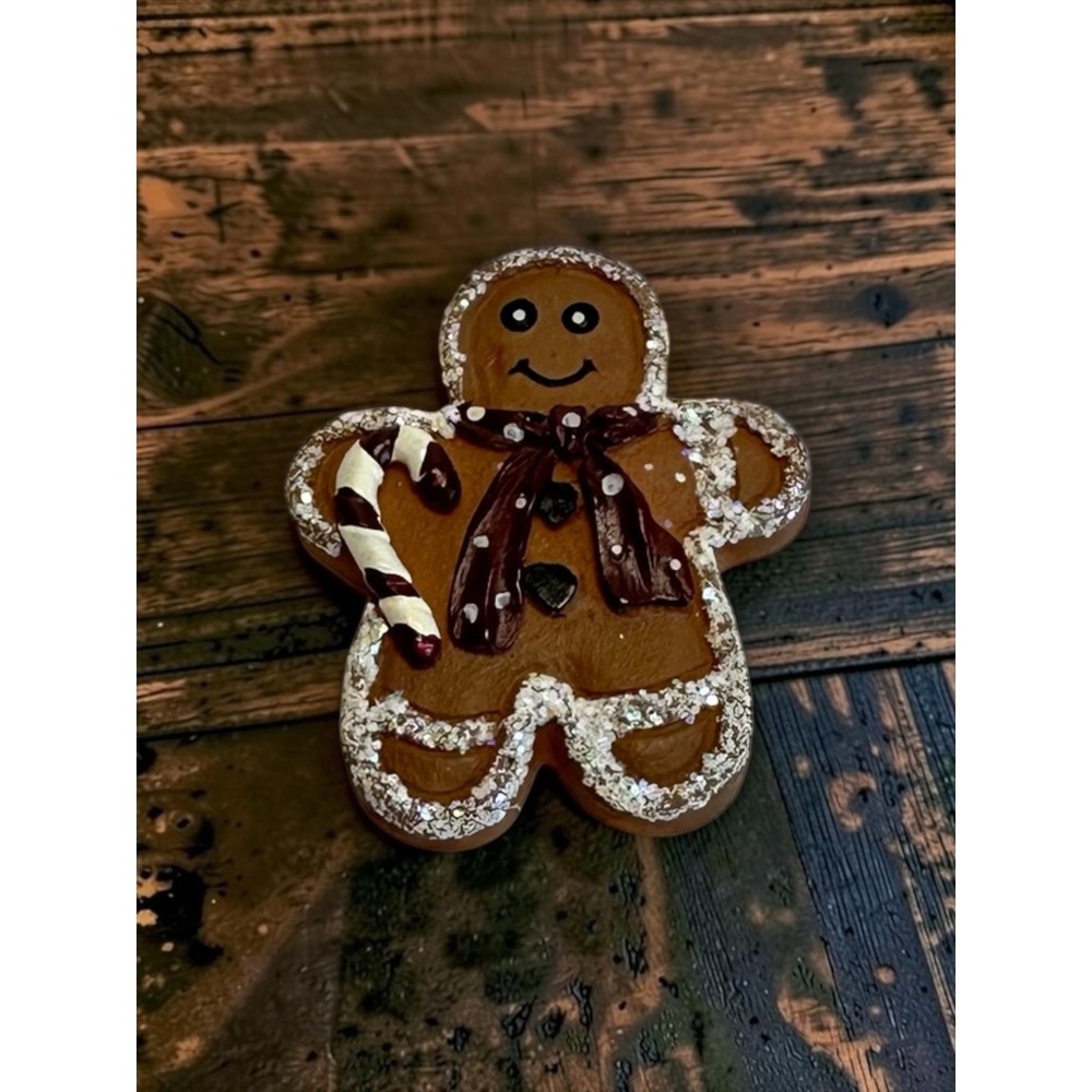Resin Gingerbread Man Pin 1.75" Brown Christmas Candy Cane